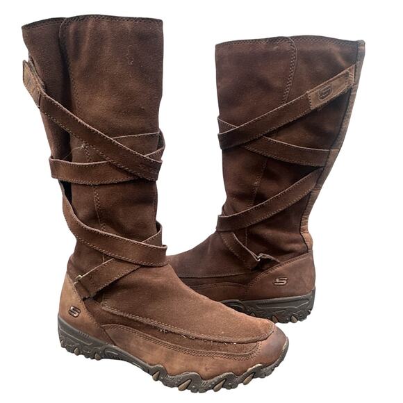 Skechers Suede Leather Boots 8 Brown Strappy Flats Boho Winter College Academia - Picture 1 of 16